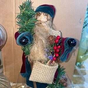 Cloth old style Santa Tree Topper 7” With Ceramic Face Blue Eye Velvet Clothing